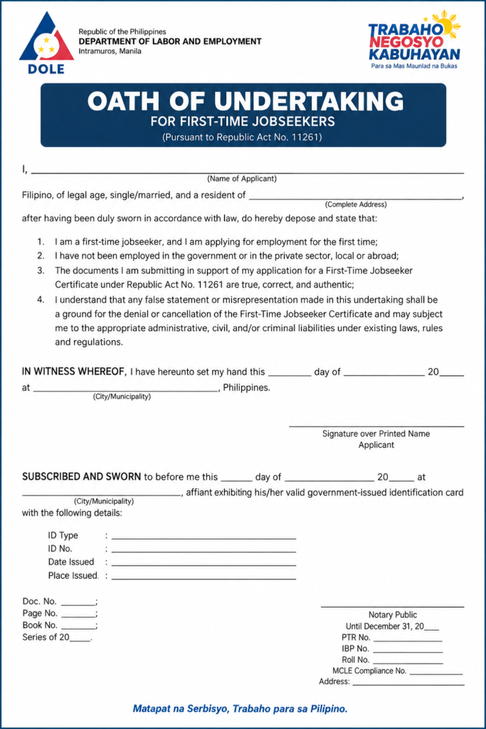 Official First-Time Jobseeker Oath Form